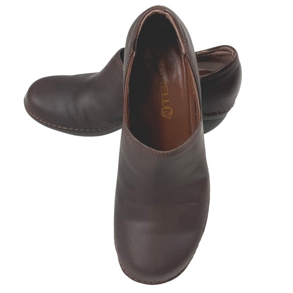 Merrell Womens Leather Clogs Brown Slip On Wedge Comfort Shoes Round Toe